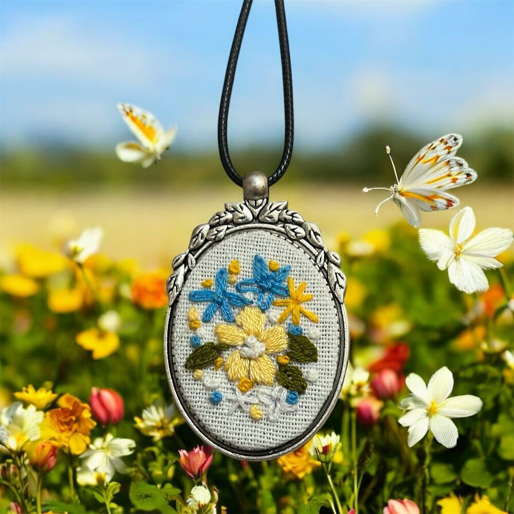 Embroidered Cameo Necklaces Yellow & Blue Flowers